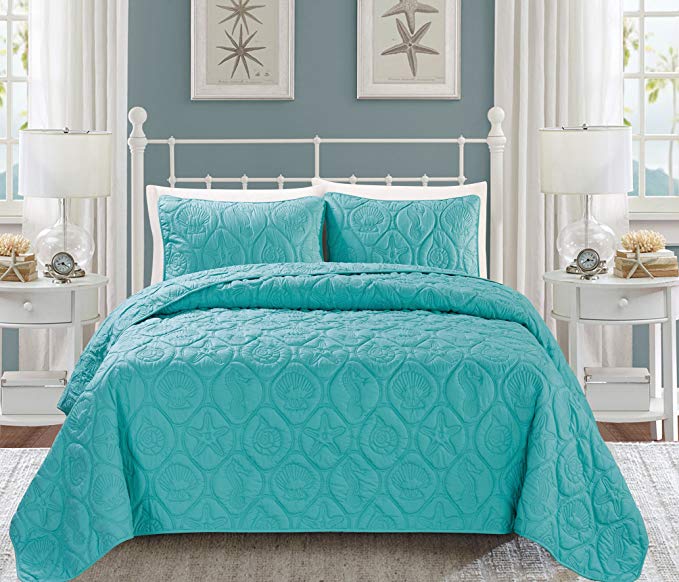 EverRouge Coral 3 Piece Bedspread Set, Turquoise Queen