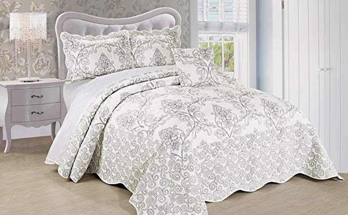 Home Soft Things Serenta Damask 4 Piece Bedspread Set, Queen, White