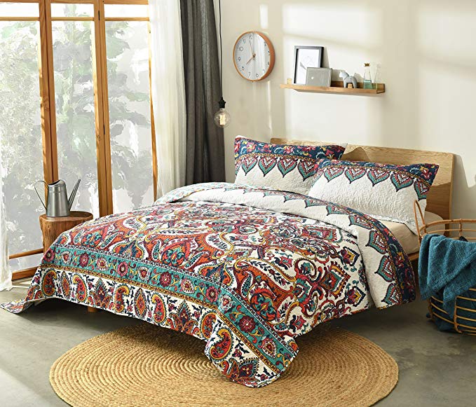 DaDa Bedding Bohemian Paisley Bedspread - Earthy Meadow Quilted Coverlet Set - Multi-Colorful Floral Print - Full - 3-Pieces