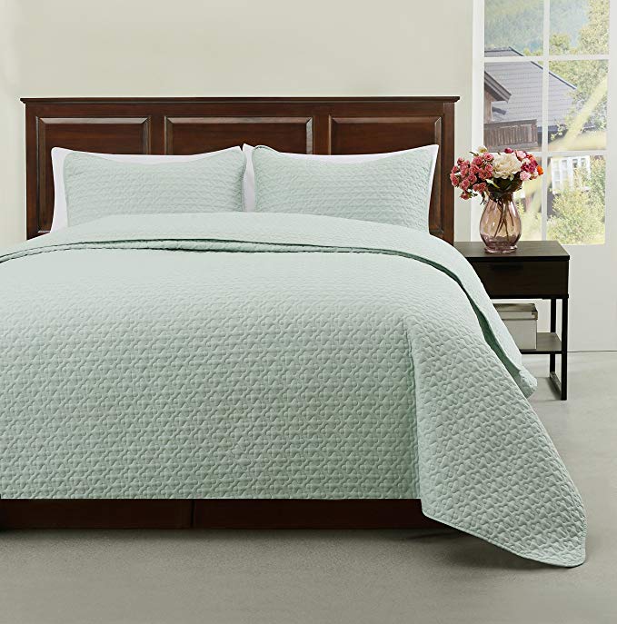 Madison Full/Queen Size Bed 3pc Quilted Bedspread Aqua Green Color Bed Cover Set, Thin Extra Light weight and Oversized coverlet