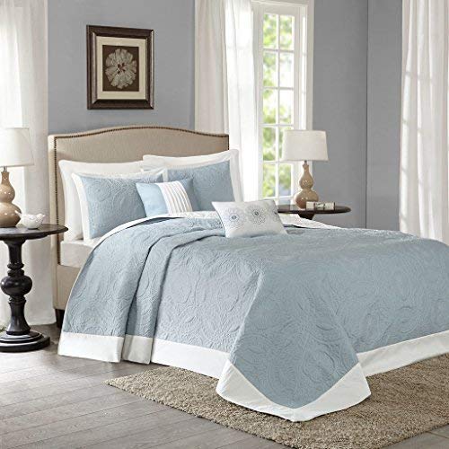 Madison Park Ashbury Queen Size Quilt Bedding Set - Blue, Floral Medallion – 5 Piece Bedding Quilt Coverlets – Ultra Soft Microfiber Bed Quilts Quilted Coverlet