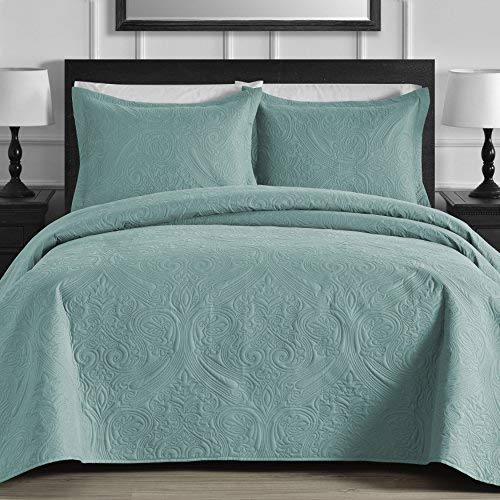 King & Queen Contemporary EXTRA Lightweight Thermal Pressed Flower Patterned 3 Piece Coverlet Set (Full/Queen, Tiffany Blue)