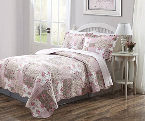 Legacy Decor King Size, 3 PCS Quilted Bedspread Coverlet, Dusty Pink and Taupe, Patchwork Floral Design