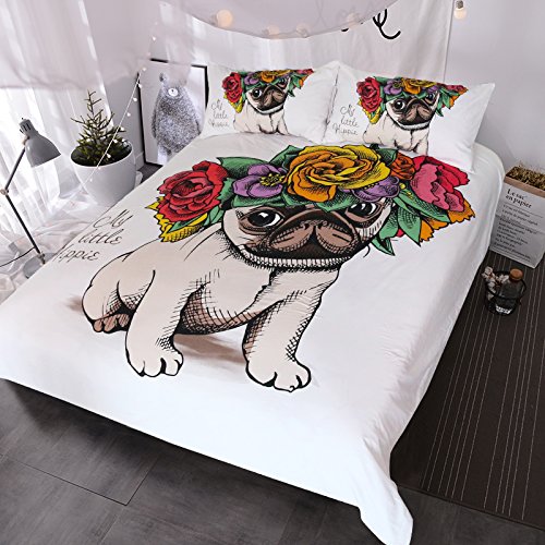 BlessLiving Pug Rose Duvet Cover 3 Piece Adorable Puppy and Floral Design Bedding Unique Cute Bedding Set for Women Girls (Queen)