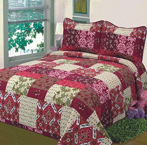 Fancy Collection 3pc Bedspread Bed Cover Floral Beige Red Green Brown Burgundy #51 King/California King Over Size 118