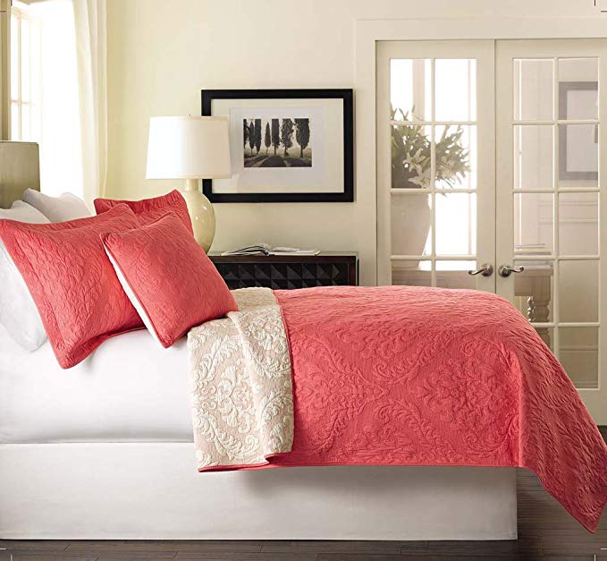 Tache Solid Coral Matelasse Bedspread - Luxembourg Coral - 3 Piece Solid Rose Salmon Pink Reversible Coverlet Set, King