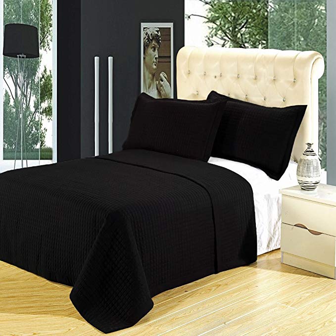 Black Luxurious Checkered Quilted Coverlet, Wrinkle Free Quilt, Reversible Bedspread Set, Size Twin/Twin XL, Includes One Bedspread & One Sham