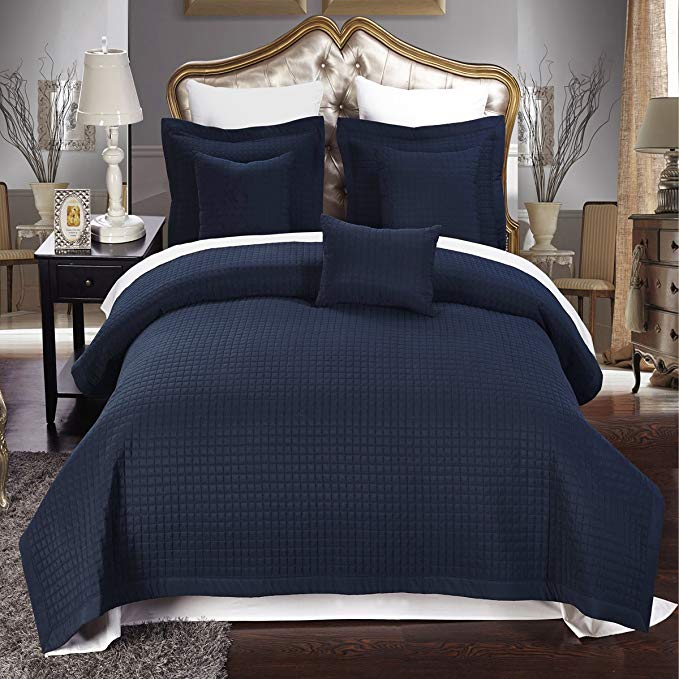 California King size Navy Coverlet 3pc set, Luxury Microfiber Checkered Quilted by Royal Hotel