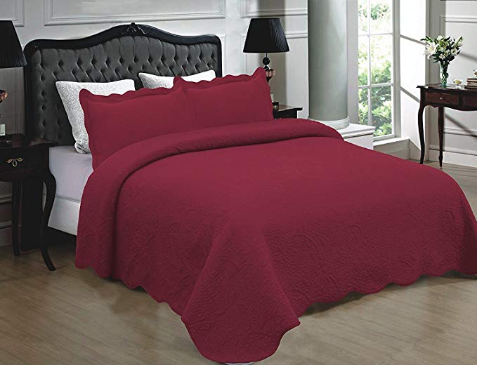 Home Must Haves Burgundy Color 100% Cotton 3-Piece Quilt Bedspread Bed Cover Coverlet Set Queen Size 90