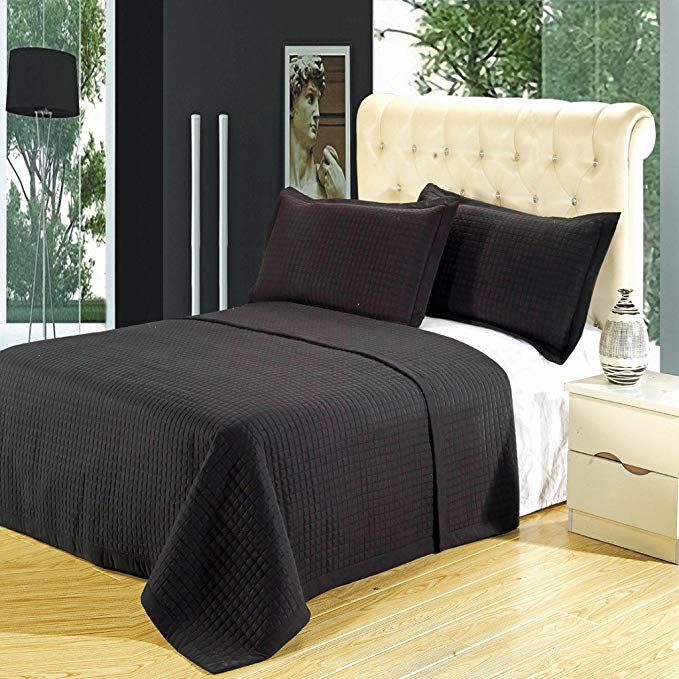 King Size Luxury Black Checkered Quilted Wrinkle Free Microfiber 3 Piece Coverlet Set