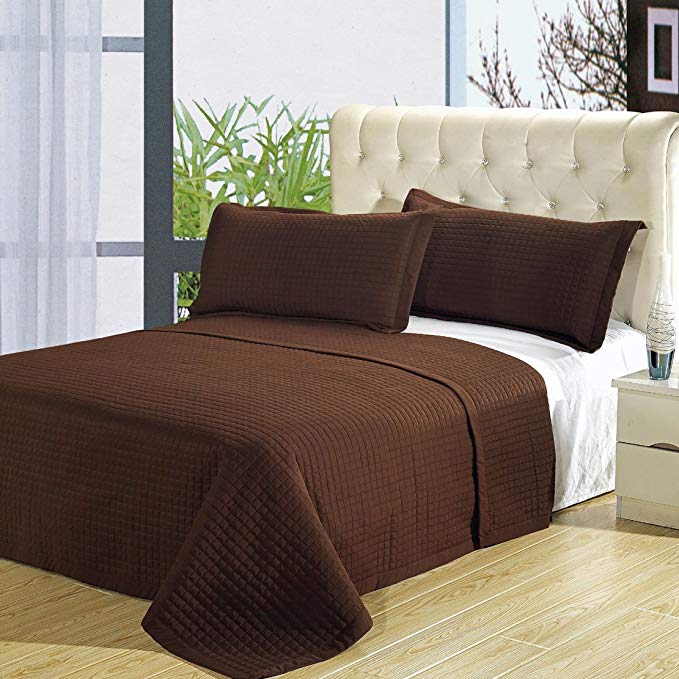 Chocolate/Brown Luxurious Checkered Quilted Coverlet, Wrinkle Free Quilt, Reversible Bedspread Set, Size King/California-King, Includes One Bedspread & Two Sham