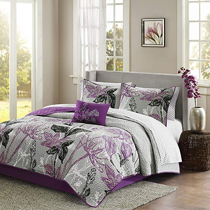 Madison Park Essentials Claremont Cal King Size Quilt Bedding Set - Purple, Grey, Floral – 8 Piece Bedding Quilt Coverlets – Ultra Soft Microfiber Bed Quilts Quilted Coverlet