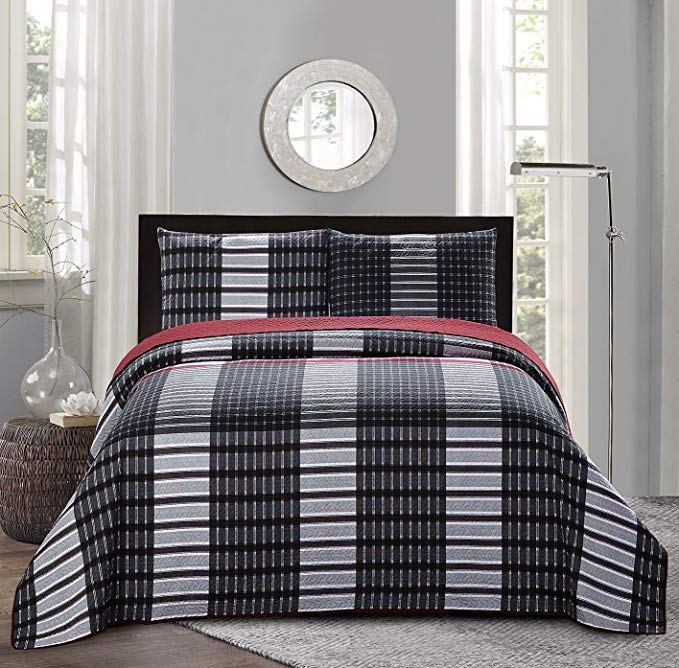 All American Collection New 3pc Plaid Printed Reversible Bedspread/Quilt Set (King / Cal King Size)