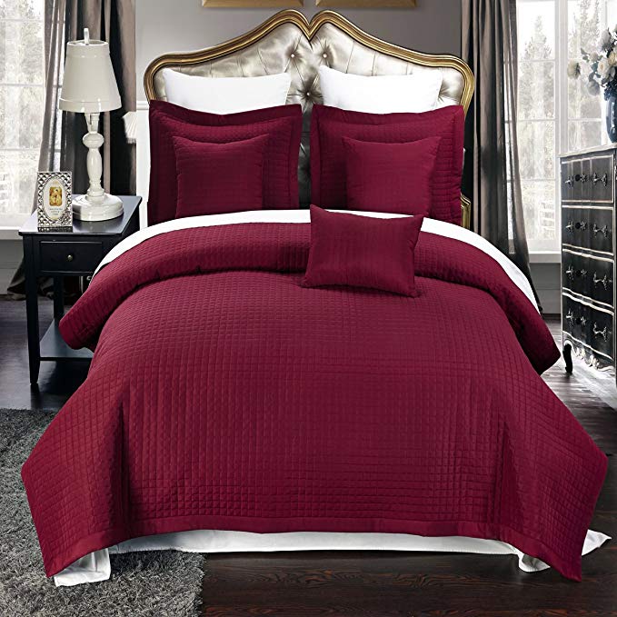 Queen size Burgundy / Red Coverlet 3pc set, Luxury Microfiber Checkered Quilted by Royal Hotel