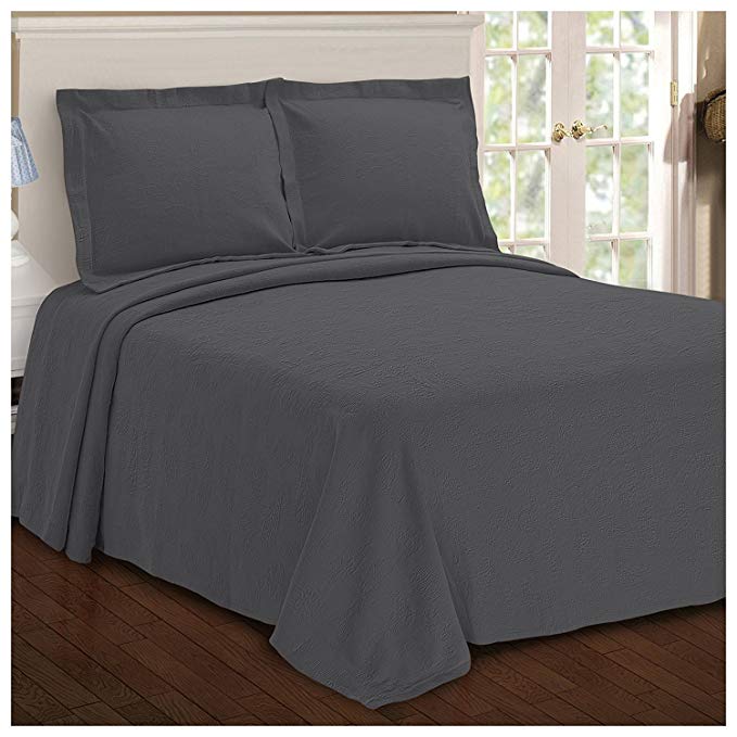 2pc 81 x 110 Oversized Grey Twin Bedspread Floor Set, Cotton, Drapes Down Sides Hangs Over Bed, Extra Long Jacquard Matelasse Paisley Bedding Xtra Wide Drops Over Edge Frame