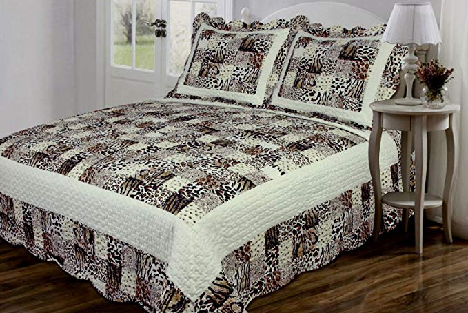 Legacy Decor 3 PC Quilted Bedspread Coverlet, Multi Animal Print Patchwork Design, Brushed Microfiber Queen Size