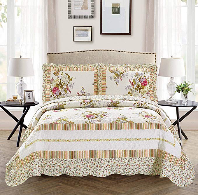 Mk Collection 3pc Full/Queen Oversize Reversible Quilted Bedspread Set Flowers Off White Green Pink Purple New