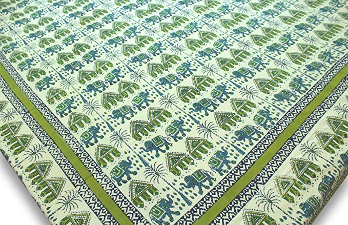 Cotton California King Large Size Hand Block Print Bedspreads Bed Cover Elephant Printed Green Blue Bedding Sheets 104 x 114 Inches