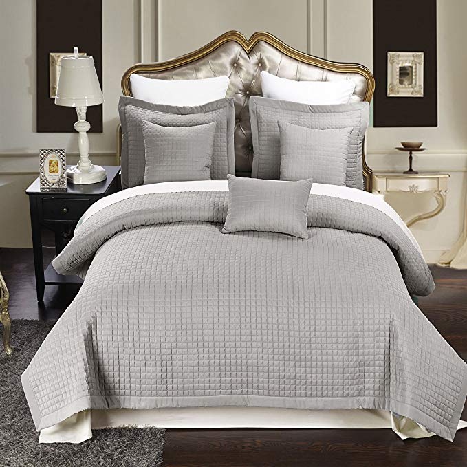 Luxury King/CalKing Grey Checkered Quilted Wrinkle Free Microfiber 3 Piece Coverlets Set