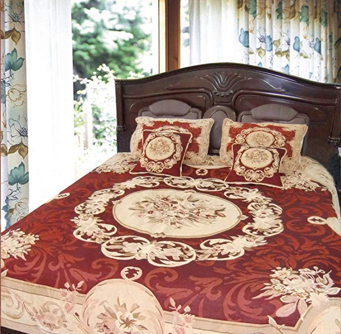 DaDa Bedding Chenille Bedspread Set - Victorian Medallion Soft Tapestry Coverlet - Bright Vibrant Elegant Burgundy Red Roses & Beige - Floral Garden - Single/Twin