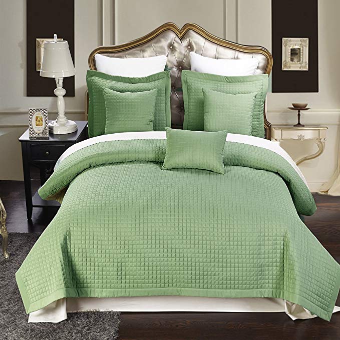 California King size Sage Coverlet 3pc set, Luxury Microfiber Checkered Quilted by Royal Hotel