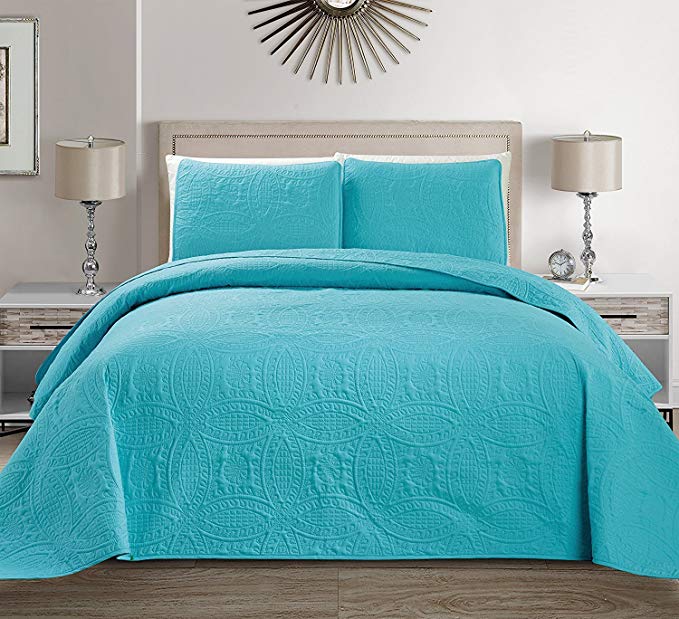 Mk Collection 3 pc King/California King Solid Embossed Bedspread Bed-cover Over Size Baby Blue/Turquoise 118