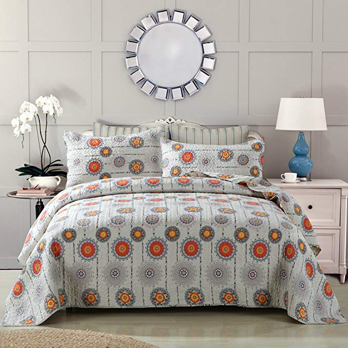 DaDa Bedding Bohemian Bedspread Set - Cosmic Sun Stars Floral Coverlet - Bright Vibrant Multi Colorful - Solid Grey & Orange Yellow - Cal King - 3-Pieces