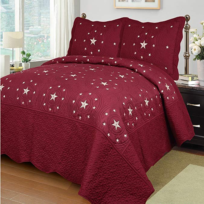 Fancy Collection 3pc California King Quilted Embroidery Bedspread Set Western Lone Star Burgundy New