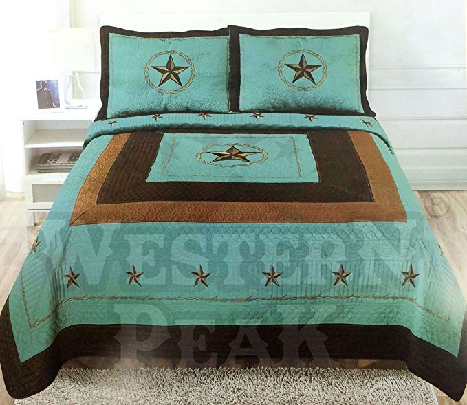 Western Peak Luxury 3 Piece Western Star Patterned Turquoise Brown Bedspread Bedding Coverlet Set (Queen)