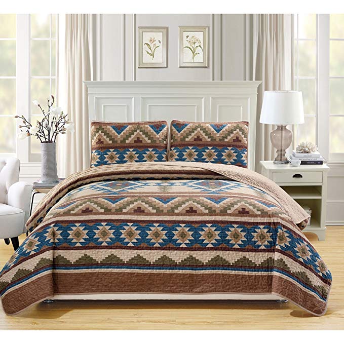 3 Piece Brown King Southwest Theme Bedspread Set, Blue Native American Geometric Tribal Southwestern Country Diamond Shape Pattern Bedding, Warm Bright Vibrant Color Cabin Lodge Cottage, Polyester