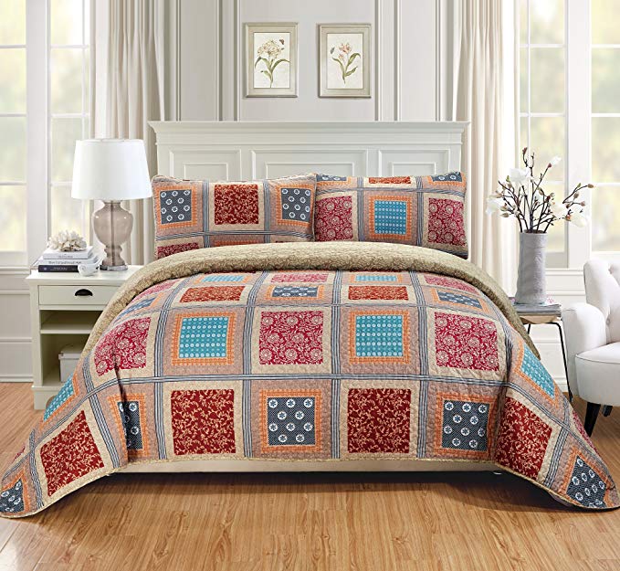 MK Home 3pc King/California King Over Size Quilted Coverlet Bedspread Set Patchwork Floral Squares Beige Taupe Red Blue Brown New # Bailey