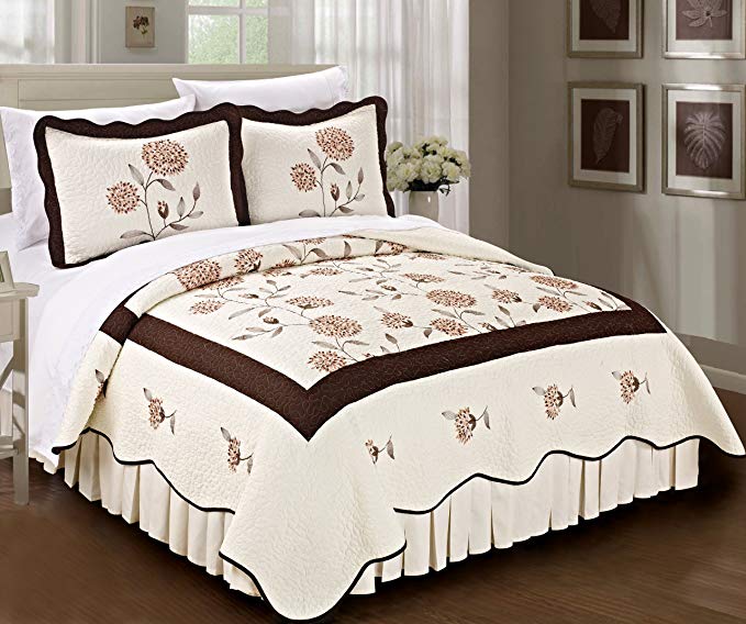 Serenta Classic Prewashed Chocolate Sun Flowers Microfiber Cotton Filled Bedspread Quilt 3 Pieces Bed Set (Queen)