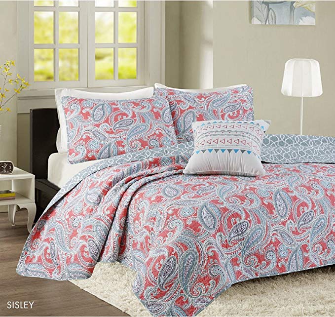 Sisley Printed 4 Piece Queen Size Coverlet/Bedspread Set, Luxury Coral Microfiber Wrinkle-Free Reversible Set Includes One Bedspred, Two Shams & One Decorative Pillow