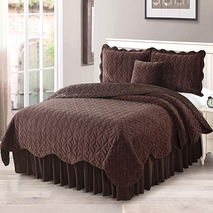 Home Soft Things Serenta Diamond Flannel Quilted 4 Piece Coverlet Set, King, Chestnut