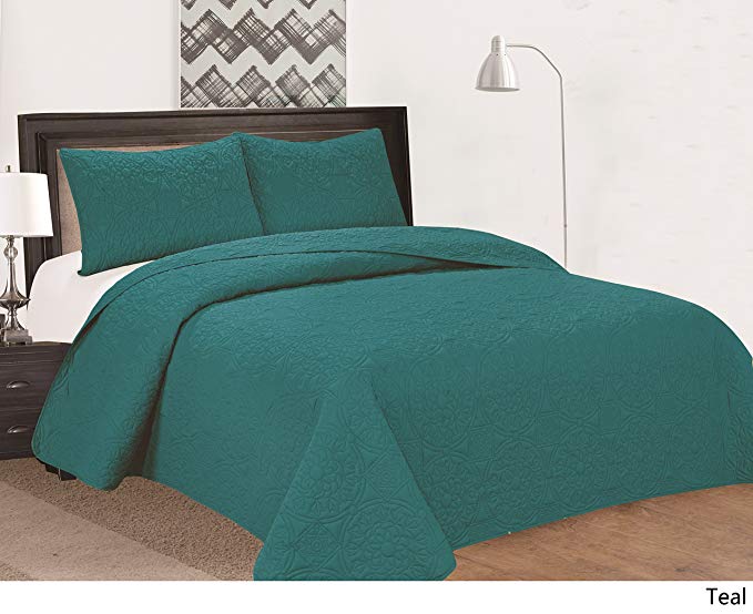 Royal Home Decor Extra Oversized 3-pc Bedspread Set with Medallion Pattern (King, Teal)