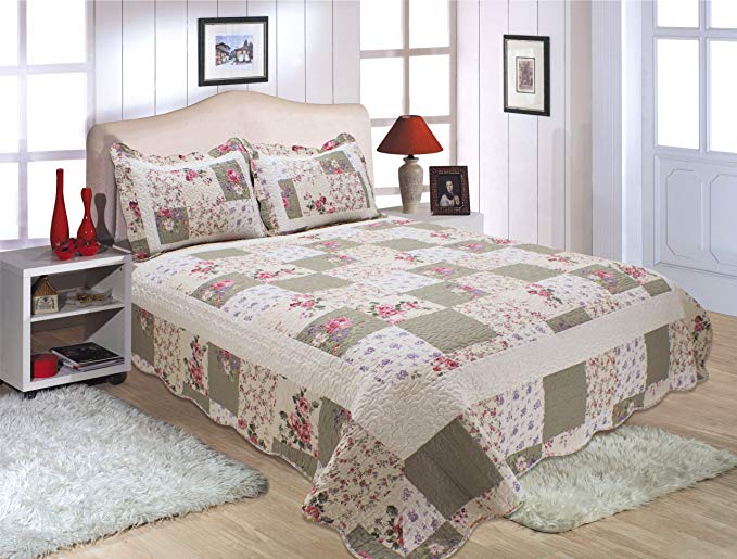 All for You 3pc Reversible Quilt Set, bedspread, coverlet set-100% cotton-patchwork print-flower (king)