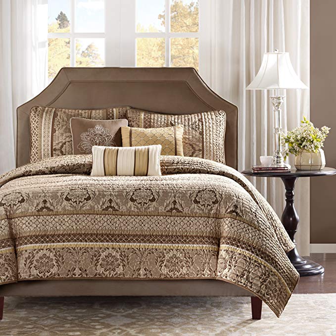 Madison Park Bellagio King Size Quilt Bedding Set - Brown, Jacquard Damask – 6 Piece Bedding Quilt Coverlets – Faux Silk Bed Quilts Quilted Coverlet