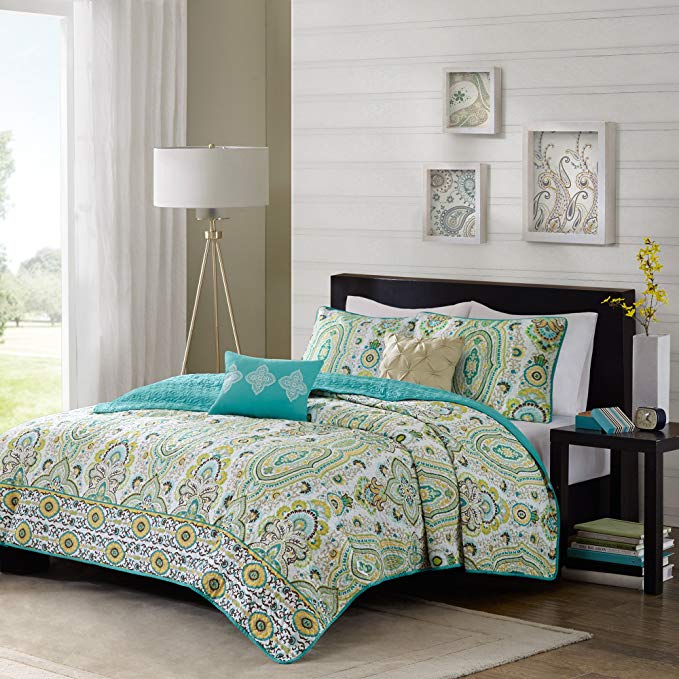 Intelligent Design Tasia Twin/Twin XL Size Quilt Bedding Set - Green Aqua, Paisley – 4 Piece Bedding Quilt Coverlets – Ultra Soft Microfiber Bed Quilts Quilted Coverlet