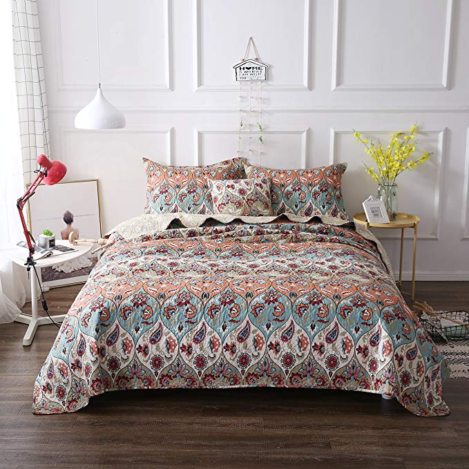 DaDa Bedding Bohemian Bedspread Set - Coral Floral Paisley Garden Party Reversible Coverlet - Bright Vibrant Multi-Colorful Blue Salmon Pink - Cal King - 3-Pieces