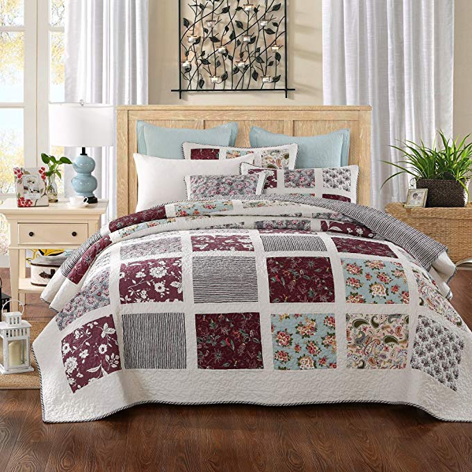 DaDa Bedding VE-Jhw-618-CK Burgundy Floral Patchwork Quilted Bedspread Set, Cal King, Multicolored