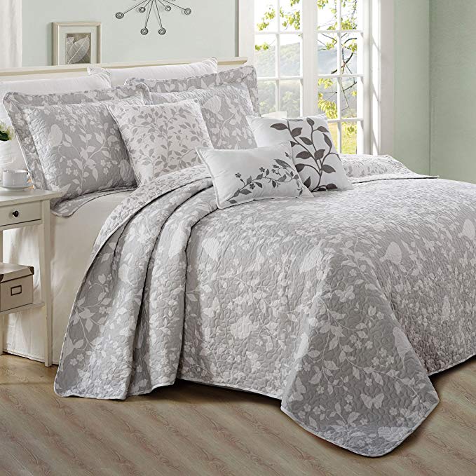 Home Soft Things Serenta 6 Piece Bird Song Printed Microfiber Quilts Coverlet Set, Oversize King, Gray