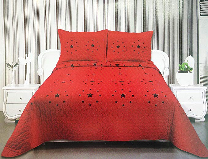 Western Peak 3 Pcs Star Patterned Luxury Quilt Bedspread Comforter Red (King)