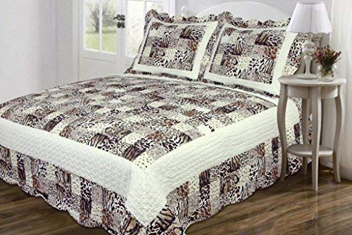 Legacy Decor 3 PC Quilted Bedspread Coverlet, Multi Animal Print Patchwork Design, Brushed Microfiber King Size