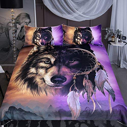 Sleepwish Wolf Dream Catcher Bedding, Tribal Wolf Midnight Mountains Print, Native American Inspired Gold and Purple Duvet Cover, 3 Piece (King)