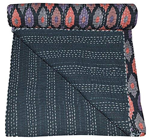 V Vedant Designs Ramdevcrafts Ikat Print Cotton Kantha Double Bedspread Queen Size