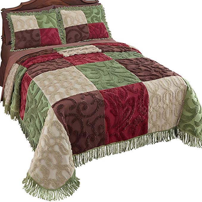 Collections Etc Colorful Patchwork Chenille Fringe Lightweight Bedspread, Green, Queen