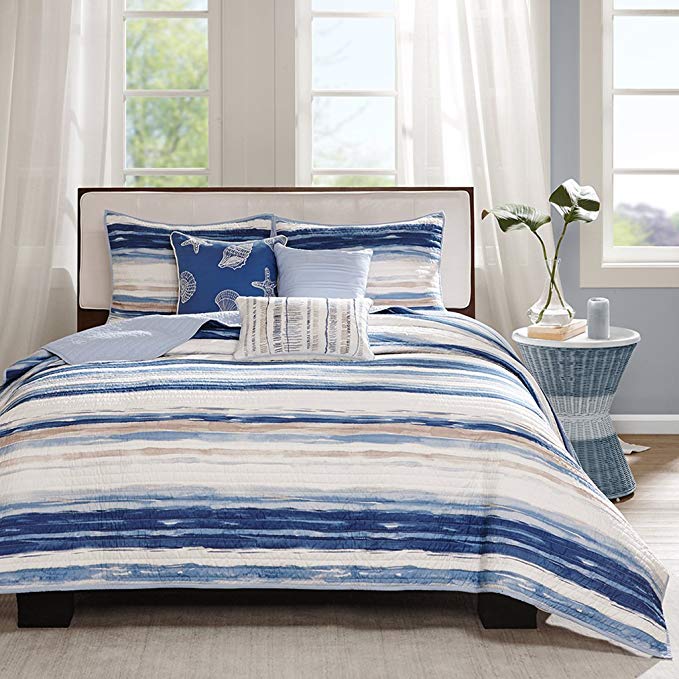 Madison Park - Marina 6 Piece Quilted Coverlet Set - Blue - Full/Queen - Geometric - Includes 1 Coverlet, 3 Decorative Pillows, 2 Shams