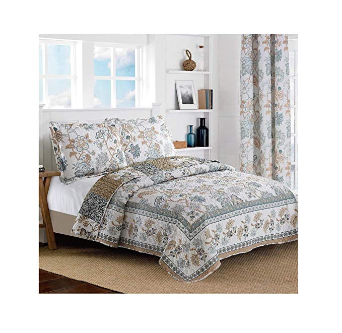 All American Collection New Reversible 3pc Floral Printed Blue/White Bedspread/Quilt Set (King / Cal.King Size)