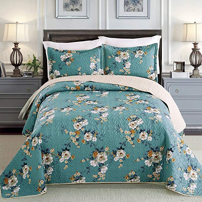 Queen / King Size Bedspread 3pc Quilted Reversible Fresh Bed Cover Coverlet Set Floral Green