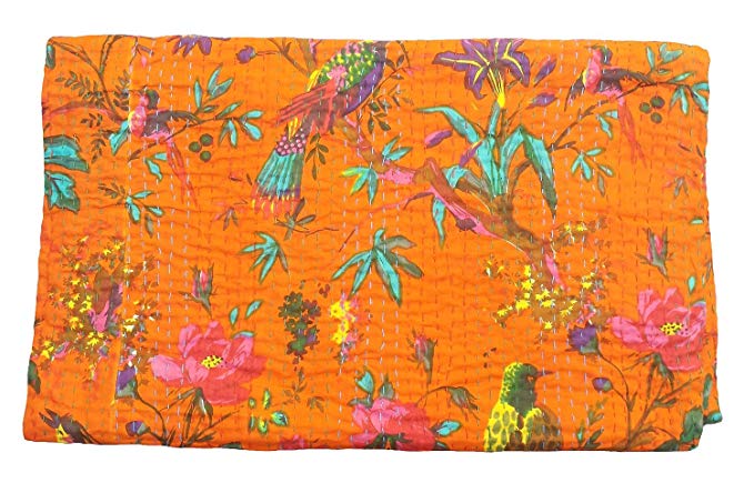 Bird Print Decorative Kantha Stitch Quilt Pure Cotton Reversible Bedspread Orange Colour Gudari Queen Size Bedspread for Traditional Décor 90” X 108”